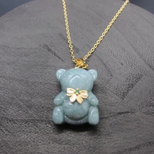 Natural Emerald Jade Teddy Bear Pendant Necklace 翡翠玉小熊吊坠项链 - Picture 1 of 15