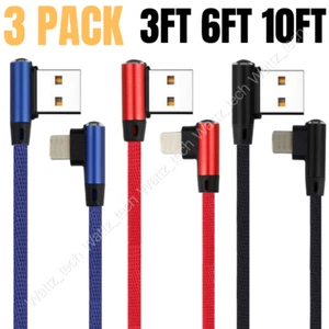 3 Pack 3/6/10Ft 90 Degree Right Angle USB Cable For iPhone 14 12 13 Charger Cord - Picture 1 of 8