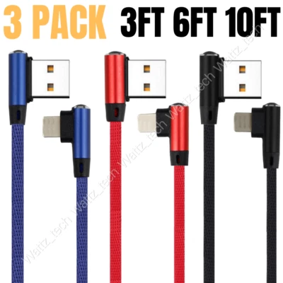 3 Pack 3/6/10Ft 90 Degree Right Angle USB Cable For iPhone 14 12 13 Charger Cord - Image 1 of 4