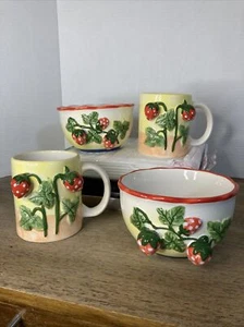 Painted 3D Strawberries, Stem & Leaf Details 2 Mugs and 2 Bowls - Picture 1 of 12