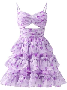 Vestido formal para mujer púrpura floral con volantes en capas baile de regreso a casa 4 nuevo con etiquetas - Imagen 1 de 15