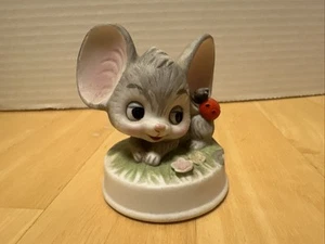 Vintage Gray Mouse With Ladybug Napco Ceramic Bisque Figurine C-9447 Big Ears - Picture 1 of 7