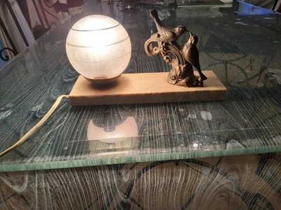 Lampe De Table veilleuse de chevet art decor Oiseaux Boule Verre Socle Marbre - Photo 1/4
