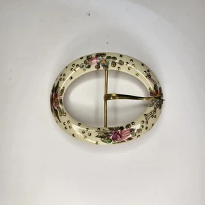 Antike edwardianische handbemalte florale Keramik Gürtelschnalle - Bild 1 von 6