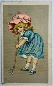 Tarjeta comercial Othello Range Stove c.1905 niña con anuncio antiguo de club de golf - Imagen 1 de 4