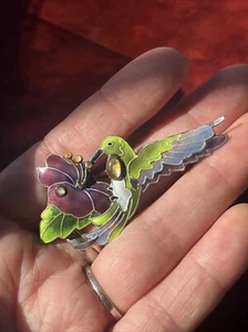Spilla colibrì Art Nouveau 925 spilla smalto alimentazione fiore gioielli vintage - Foto 1 di 7