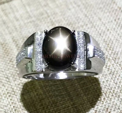 Натуральный черный звезда драгоценный камень с 14K белое золото покрытием серебряное кольцо для мужчин #237 - Изображение 1 из 4