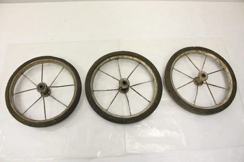 Vintage Old 3 x LOT Set Spoked Wheels Very Old Antique Toy Car Wagon ? Cover