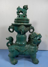 Antique Chinese porcelain temple foo dogs incense burner circa early Century 48