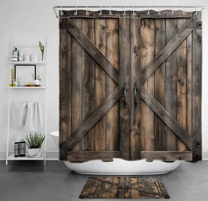 Vintage Farmhouse Brown Barn Door Rustic Shower Curtain Bathroom Accessories Set - Picture 1 of 22