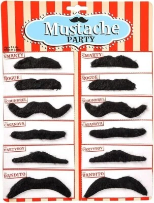 3.5" 12pcs Fake Black Mustaches - Self-Adhesive Party Theater Costume Prop Fun! - Image 1 of 4