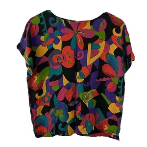 Vintage Brittany Blu Short Sleeve Padded Colorful 80’s Print Blouse Size 6 - Picture 1 of 7