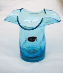 Vintage Bischoff Blue Crackle Glass Ruffled Blown Art Glass Dimpled Vase w Label - Picture 1 of 11