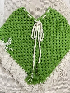 Child Girl's Crocheted Poncho Pullover Handmade Green & White 19 1/2" H x 22 1/2 - Picture 1 of 6