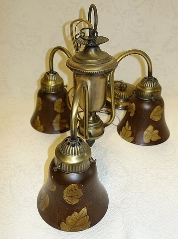 Brass Chandelier Hanging 3-Arm  w/ Brown Glass Leaf Shades Acorn Finial Vintage Cover