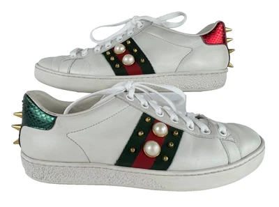 Gucci Mujeres Auténticas 5 EE. UU. 35 UE Cuero Blanco Perla Tachonado Cuero Tenis Zapatos Foto 1 de 4