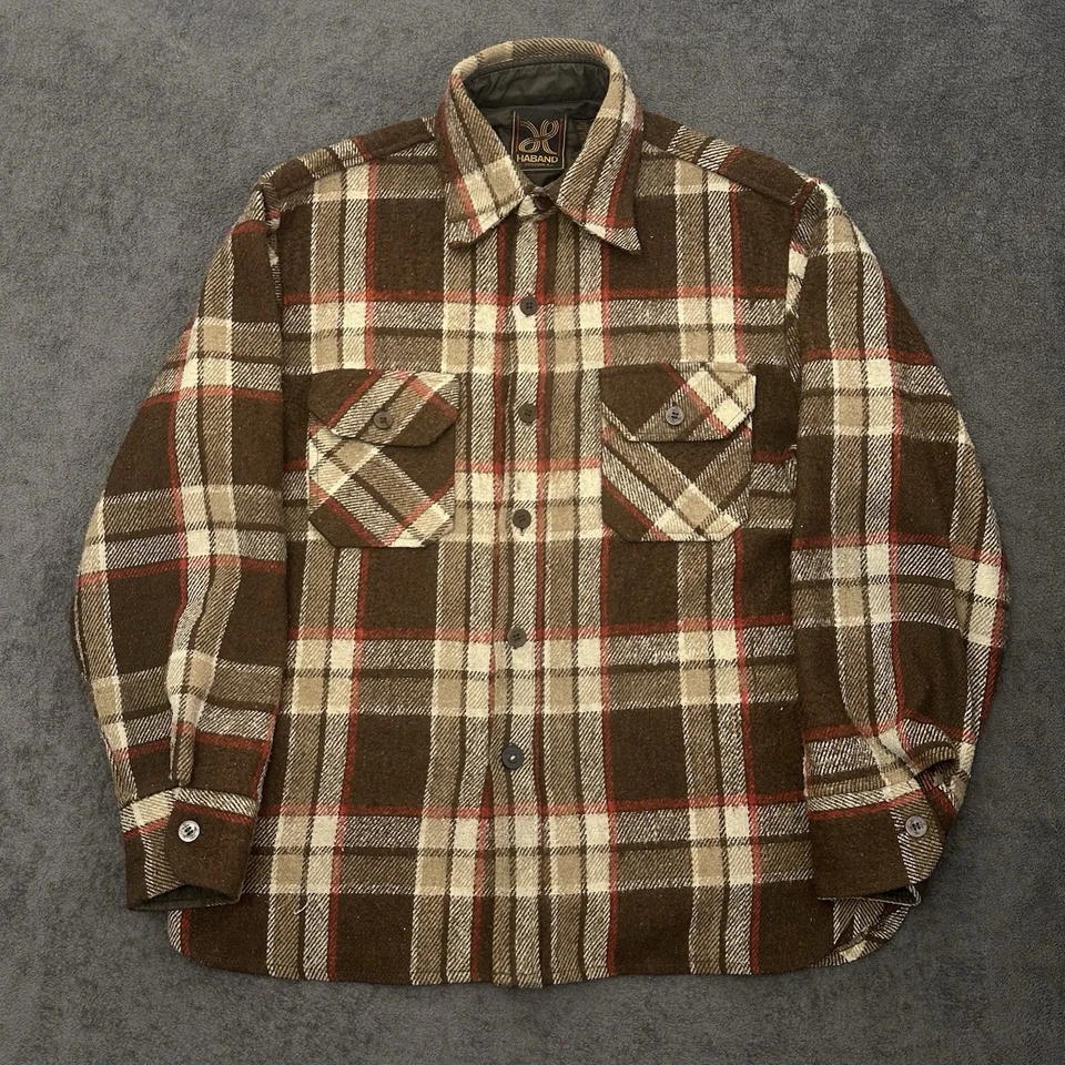 Vintage Haband Plaid Wool Shirt Button Up Size Medium Double Pocket Brown - Image 1 of 4