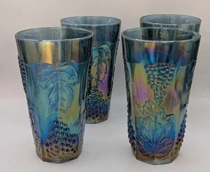 4 Fenton Glass Blue Carnival Tumbler w Grapevine Grapes & Leaf Irridescent - Picture 1 of 5