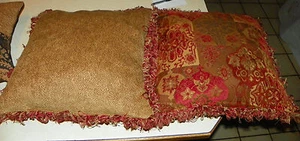 Paar burgunderrote Gold Fransen dekorativer Druck Dekokissen 19 x 19 - Bild 1 von 3