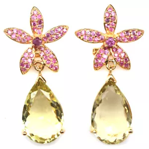 925 Sterling Silver 12 x 19 mm. Lemon Yellow Quartz, Ruby & Sapphire Earrings - Picture 1 of 4