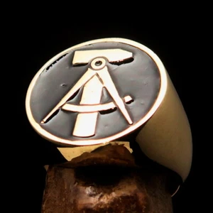 ROUND MENS BRASS COSTUME RING EAST GERMAN SEAL HAMMER COMPASSES BLACK SIZE 5.5 - Picture 1 of 7