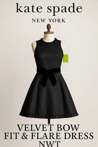 Kate Spade Fit & Flare Velvet Bow Dress NWT Size 8 Black Cocktail Party - Picture 1 of 10