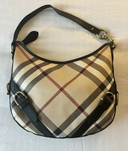 BURBERRY NEW Nova Check Hobo Black Leather Trim - Picture 1 of 9