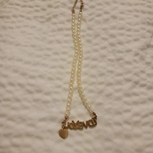 Womens Brass Gold Tone I Love U Faux Pearl Beaded Stackable Letter Nacklace - Picture 1 of 7