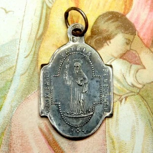 Saint Benedict of Nursia, Exorcism Medal. Antique Silver Pendant. - Picture 1 of 4