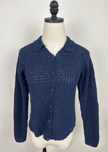 Vintage 90s Crochet Cardigan Sweater Womens XS Navy Blue Open Knit Bohemian Boho - Picture 1 of 11