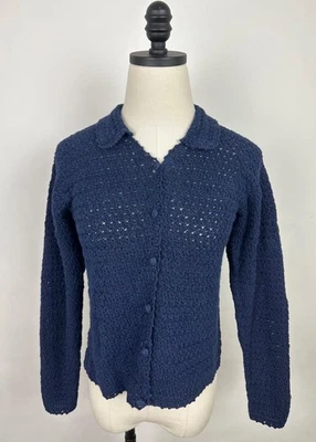 Vintage 90s Crochet Cardigan Sweater Womens XS Navy Blue Open Knit Bohemian Boho - Image 1 of 4