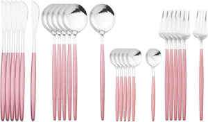 Pink Handle Silver Silverware Set, BRIIEC 24-Piece Stainless Steel Shiny Cutlery - Picture 1 of 12