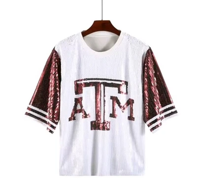 NEW!! Texas A&M Sequin White with Maroon Sleeves Crop Jersey One Size - Image 1 of 4