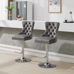 2 Set Velvet Barstools 25-33" Height Thick Chrome Swivel Pleating & Tufted Gray - Picture 1 of 24
