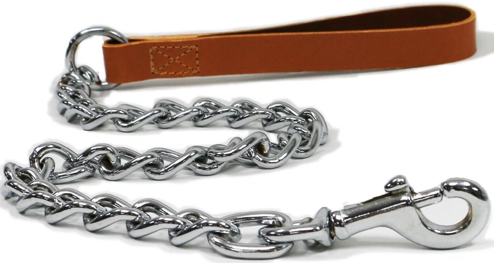 Chain Dog Lead - Brown Tan Leather. Extra Heavy - 80cm (75KG). - Image 1 of 4