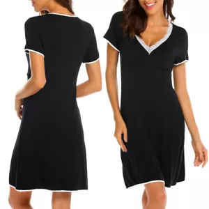 Womens Nightgown V Neck Sexy Sleepwear Short Sleeve Lace Trim Soft Night Shirts - Picture 1 of 6