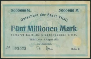 TILSIT marchi 5 m (15-08-1923) banconota Tilsit s/n B-03572 Lituania Germania - Foto 1 di 2