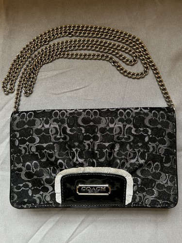 Autentica pochette a tracolla Coach Signature nera argento jacquard catena cinturino