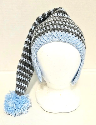 New Toddler Handmade Blue Gray Crochet Skull Beanie Ear Flaps 18" Head - Image 1 of 4