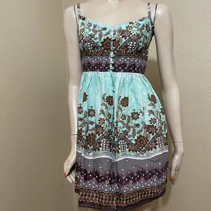 Women’s Turquoise Floral Cotton Casual Open Button Pleated Size S Dress Sundress - Picture 1 of 12