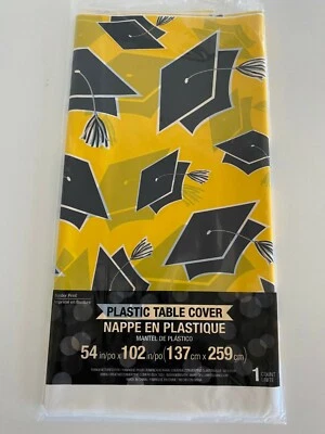 GRADUATION Party School Spirit Yellow Plastic Border Print Tablecloth 54"x102" - Image 1 of 4
