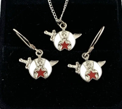 Collar y pendientes Shriners/Masons | Esmalte rojo y blanco | Tono plateado | Nuevo Foto 1 de 3