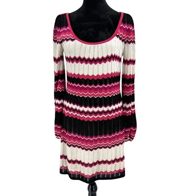 BEBE Metallic Chevron Sweater Dress Size M Pink Balloon Sleeve Knit Y2K Vintage - Image 1 of 4
