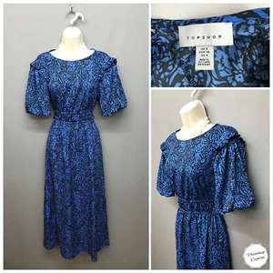 Topshop Blau Mix Rückenfrei Rüschen Hohe Schlitze Tee Kleid UK 8 EUR 36 US 4 - Bild 1 von 12