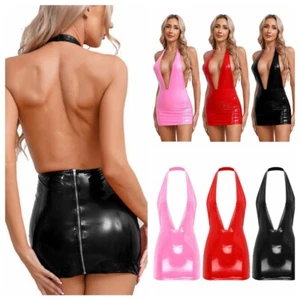 Sexy Women's Wet Look Leather Deep V Neck Bodycon Mini Dress Backless Club Party - Picture 1 of 34