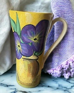 Jarrón jarra Bara mediano 14 pulgadas Italia cerámica pintado a mano púrpura pensamiento amarillo - Imagen 1 de 13