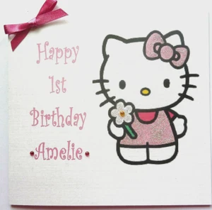 Tarjeta de cumpleaños personalizada de Hello gatito hecha a mano 6 pulgadas cuadradas - Imagen 1 de 3