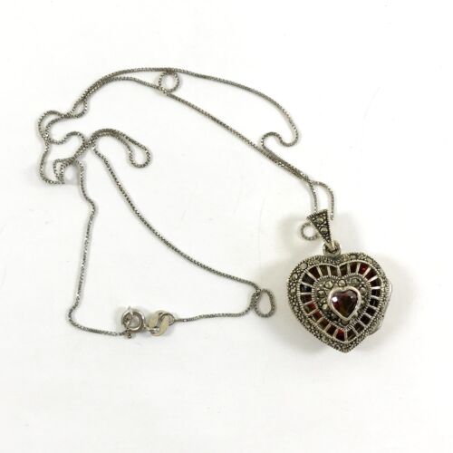 Necklace Garnet Marcasite 925 Italy Vintage Sterling Silver Heart Locket Pendant