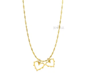 14K Solid Plain Gold Double Love Heart Pendant Necklace - The Jewelz - Picture 1 of 3