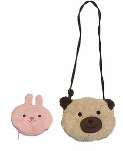 Girls 2 Piece Pink Rabbit And Brown Bear Fuzzy Small Change Purses - Picture 1 of 8